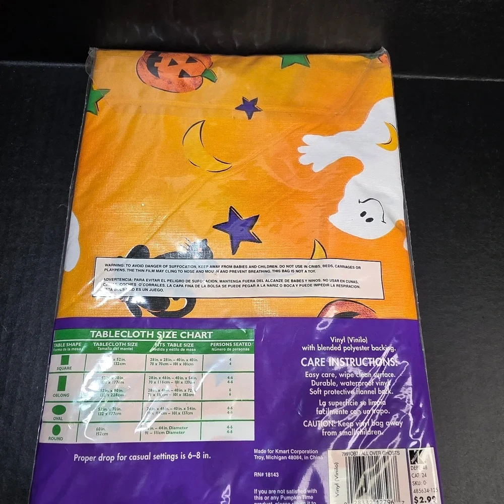 Pumpkin Time Tablecloth Unisex 52x70 Orange Halloween Ghost Cat Vinyl‎ Oblong